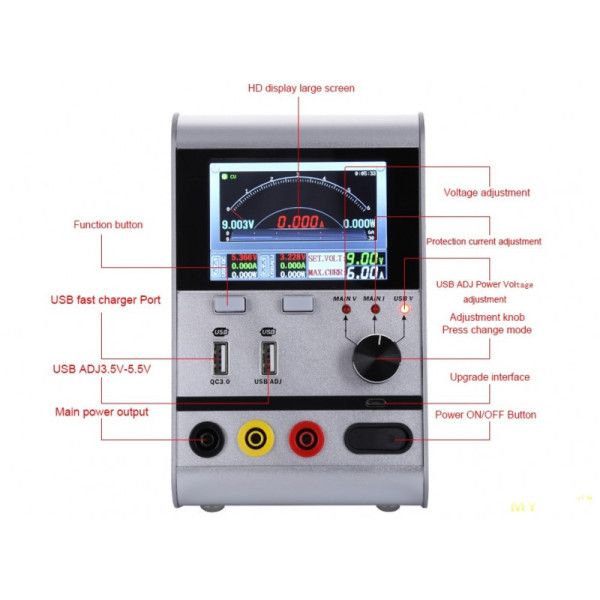 Блок живлення HR3006, 30V 6A з кольоровим дисплеєм HD (1280*720), USB QC 3.0, USB ADJ