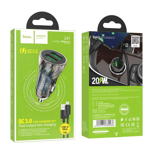 Автомобильное Зарядное Устройство Hoco Z47 Transparent QC3.0 18W Micro
