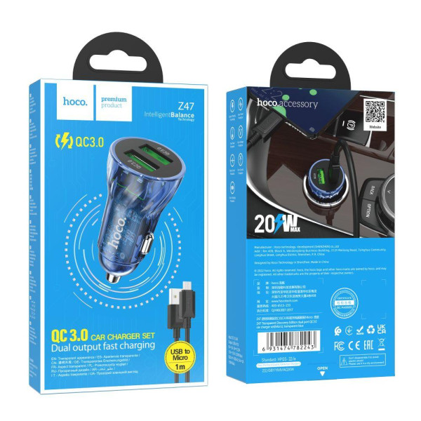 Автомобильное Зарядное Устройство Hoco Z47 Transparent QC3.0 18W Micro