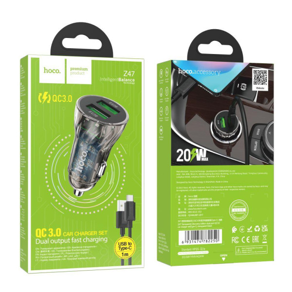 Автомобильное Зарядное Устройство Hoco Z47 Transparent QC3.0 18W Type C