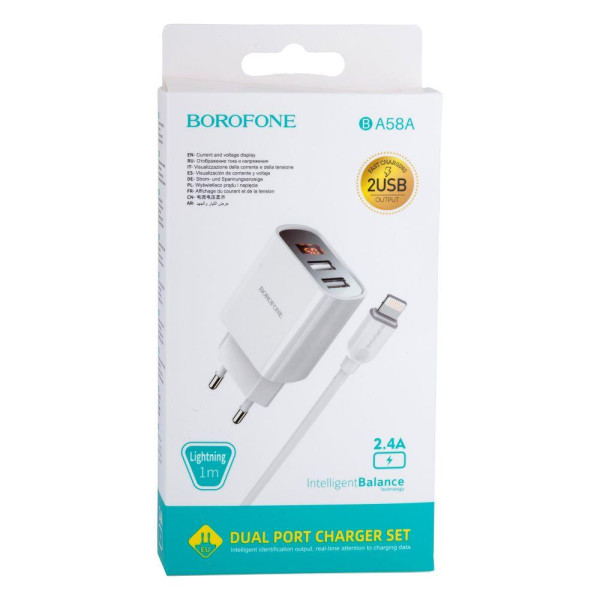 Мережевий Зарядний Пристрій Borofone BA58A Digital Display Lightning 2USB 2.4A