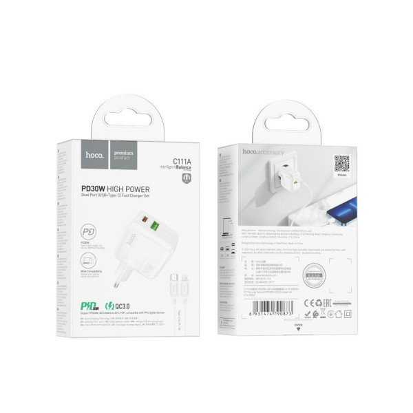 Мережевий Зарядний Пристрій Hoco C111A Lucky PD30W+QC3.0 Type-C to Lightning