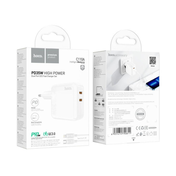 Сетевое зарядное устройство Hoco C110A Lucky PD/QC 35W Type-C to Lightning