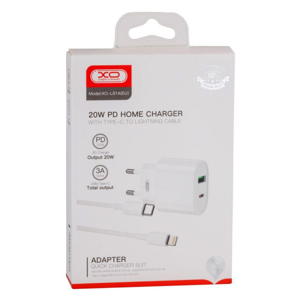 Сетевое Зарядное Устройство XO L81A EU PD20W+QC3.0 Type-C to Lightning 2USB