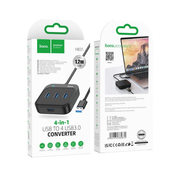 Хаб USB Hoco HB31 Easy 4-in-1 converter(USB to USB3.0*4)(L=1.2M)