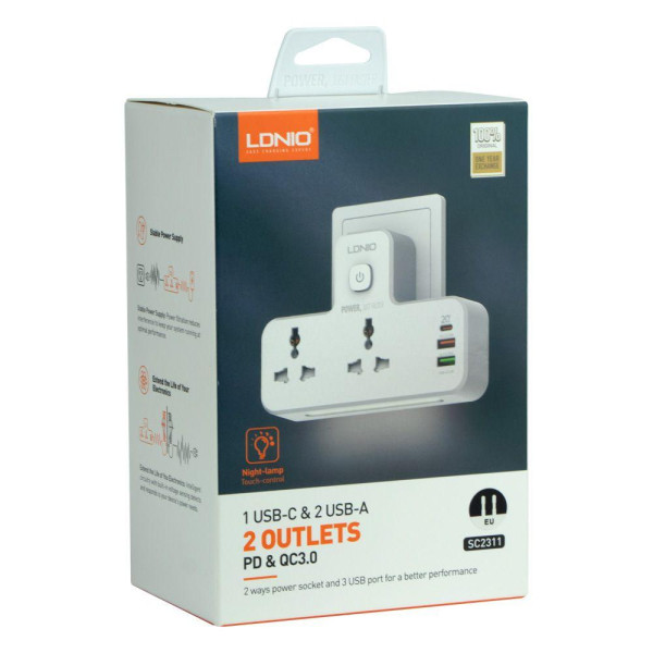 Мережевий Перехідник із Нічником LDNIO SC2311 2 port/1PD/1 QC 3.0/1 USB/ 2 PSocket/ Led lamp