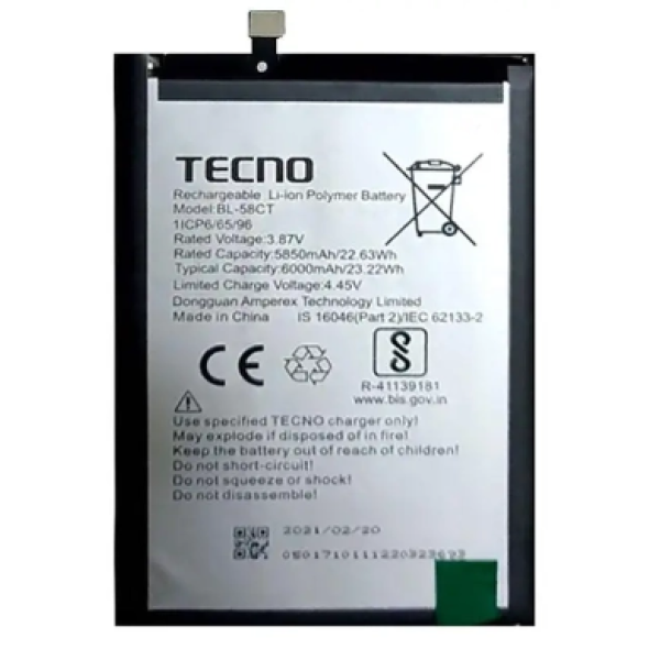Акумулятор (АКБ) Tecno BL-58CT для Tecno Spark 7 (Li-ion 3.87V 6000mAh) Оригінал