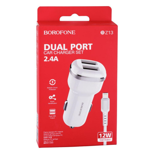 Автомобільний Зарядний Пристрій Borofone BZ13 Lightning 2USB 2.4A
