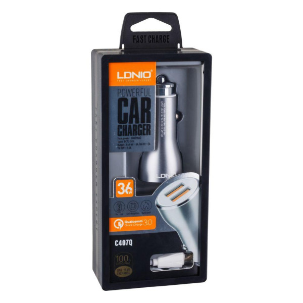 Автомобільний Зарядний Пристрій LDNIO DL-C407Q QC3.0 2USB 36W Micro