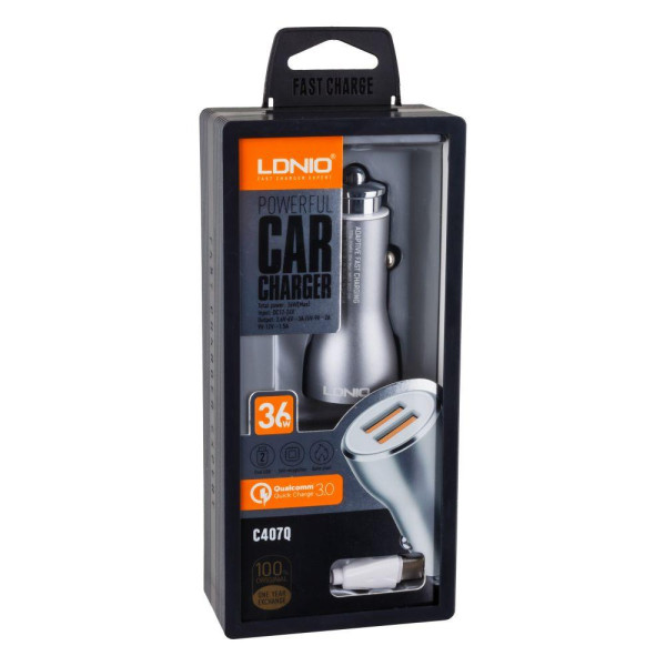Автомобільний Зарядний Пристрій LDNIO DL-C407Q QC3.0 2USB 36W Type-C