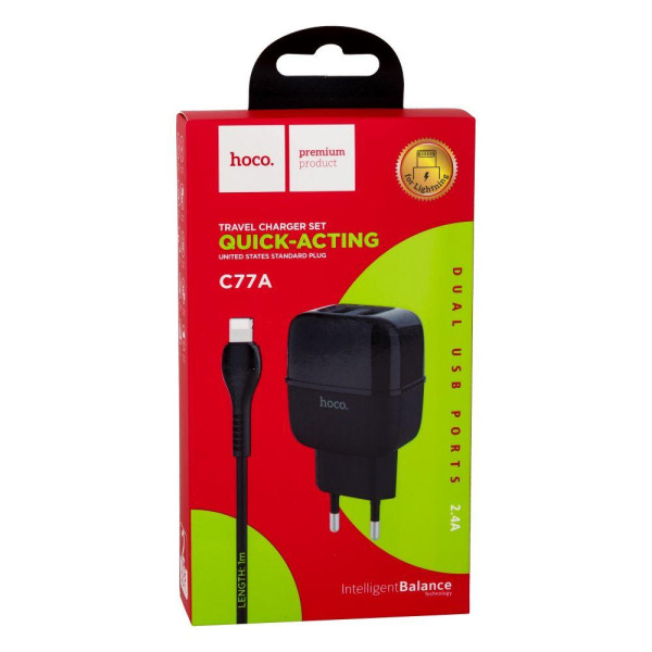 Мережевий Зарядний Пристрій Hoco C77A Highway Lightning 2USB 2,4A