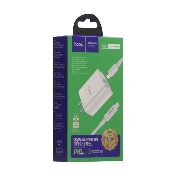 Мережевий Зарядний Пристрій Hoco C80 Type-C to Lightning PD+QC3.0 CN + Перехідник CV-01