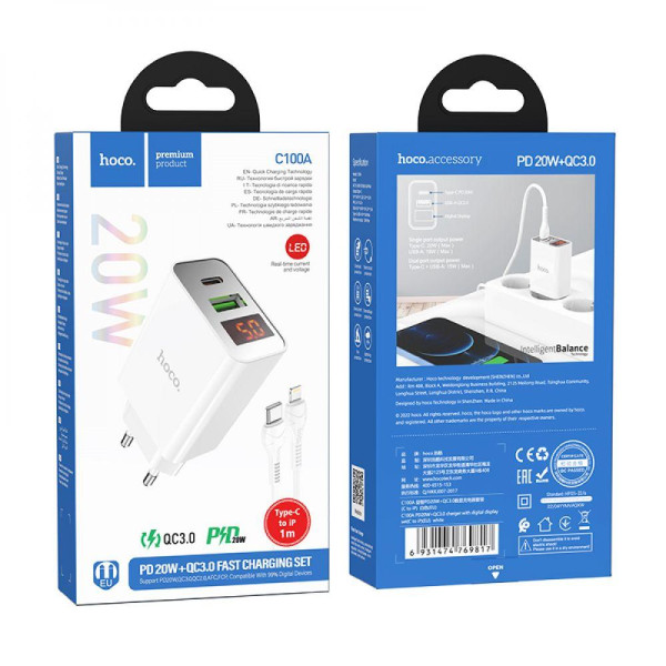 Мережевий Зарядний Пристрій Hoco C100A PD20W+QC3.0 digital display Type-C to Lightning
