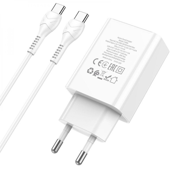 Мережевий Зарядний Пристрій Hoco C100A PD20W+QC3.0 digital display Type-C to Type-C