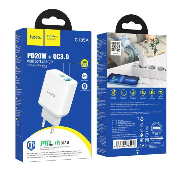 Мережевий Зарядний Пристрій Hoco C105A Stage dual port PD20W+QC3.0