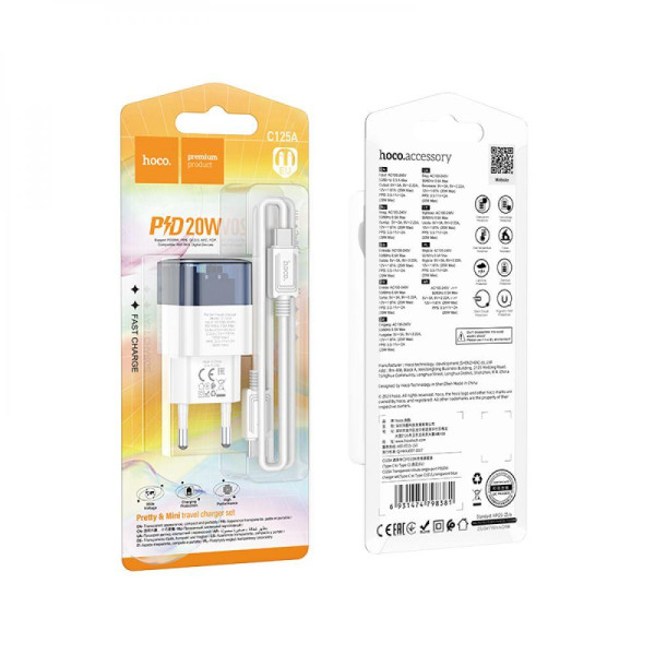 Мережевий Зарядний Пристрій Hoco C125A Transparent PD20W/QC Type-C to Type-C