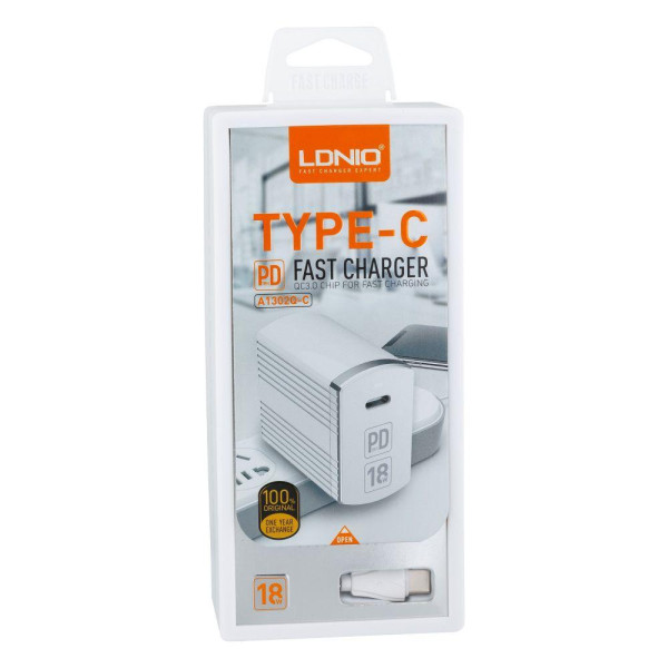 Мережевий Зарядний Пристрій LDNIO A1302Q-C PD QC3.0 18W Type-C to Type-C