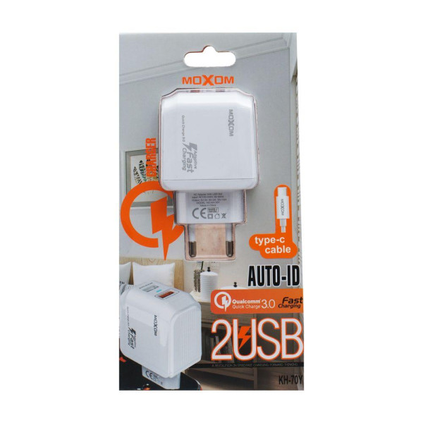 Мережевий Зарядний Пристрій Moxom KH-70Y Type-C QC 3.0 2USB
