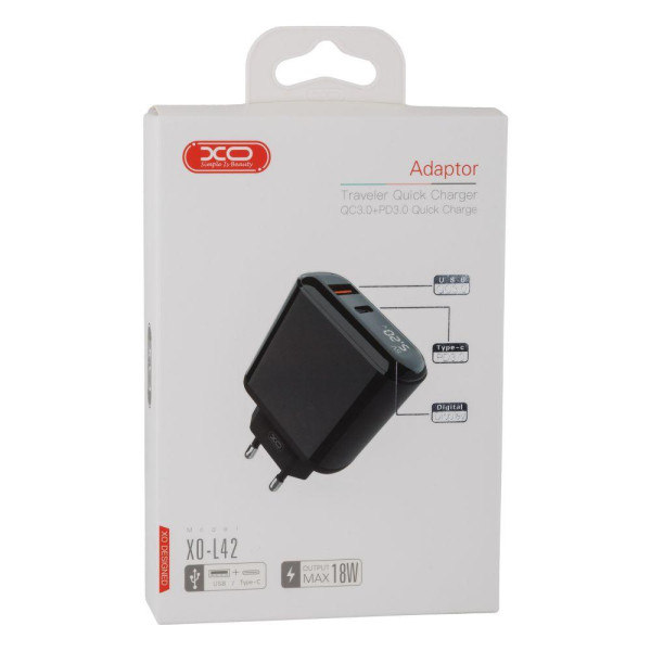 Мережевий Зарядний Пристрій XO L42 Digital Display PD + QC3.0