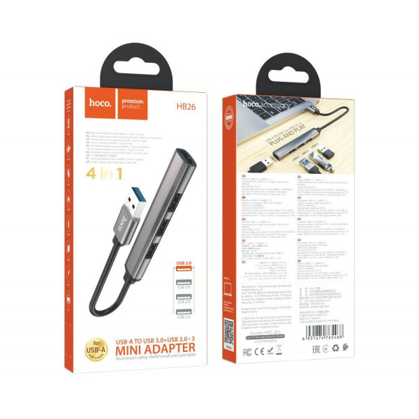 Хаб USB Hoco HB26 4 in 1 adapter(USB to USB3.0+USB2.0*3 М'ята упаковка