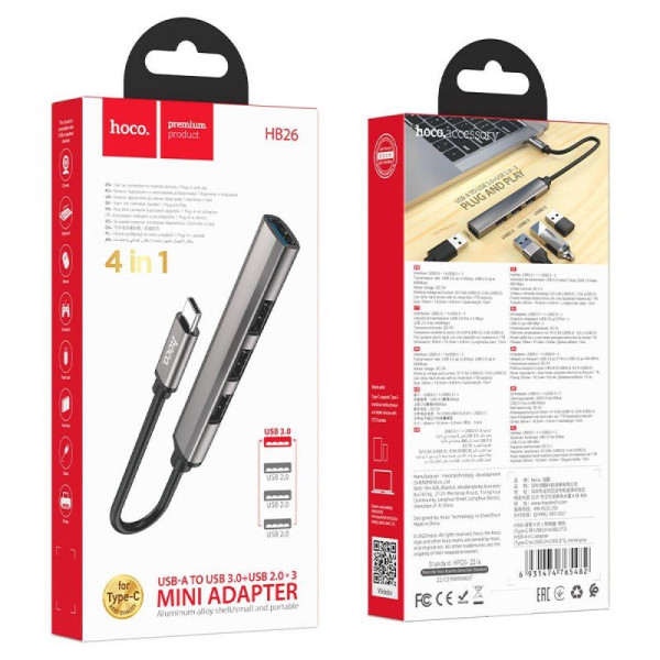 Хаб USB Hoco HB26 4 in 1 adapter(Type-C to USB3.0+USB2.0*3) М'ята упаковка
