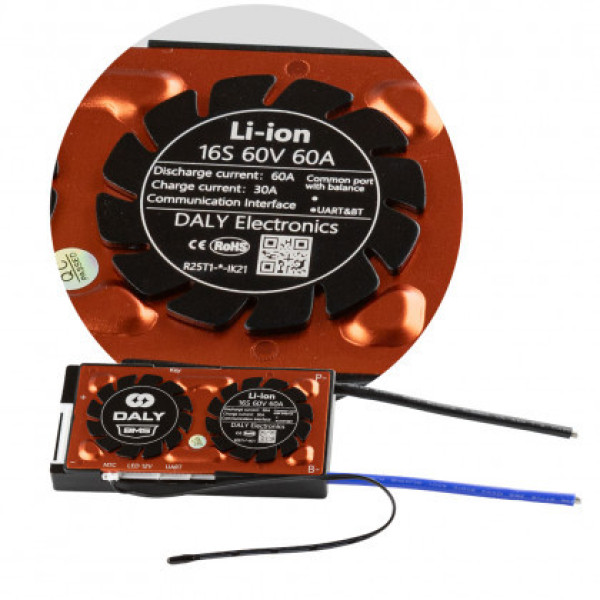 Плата BMS Daly Smart Li-ion 16S 60V 60A (Bluetooth, Балансир, Вологозахист, UART, Кнопка включення)