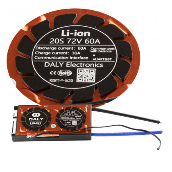 Плата BMS Daly Smart Li-ion 20S 72V 60A (Bluetooth, Балансир, Вологозахист, UART, Кнопка включення)