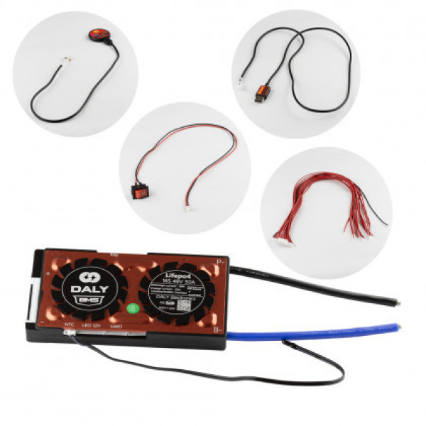 Плата BMS Daly Smart LiFePo4 16S 48V 50A (Bluetooth, Балансир, Вологозахист, UART, Кнопка включення)