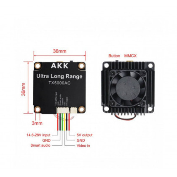 Відеопередавач AKK Ultra Long Range TX500AC, 5W, 25/200/500/1000/3000/5000 mW, 4900-6000 MHz, 96 каналів