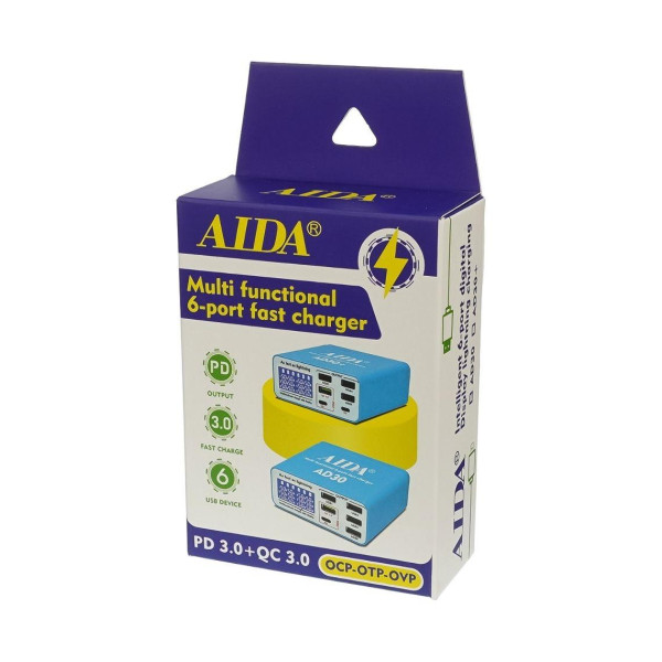 Зарядна станція з індикацією параметрів зарядки Aida AD30 (5 USB/1 Type-C, Fast Charge 3.0, 40W)