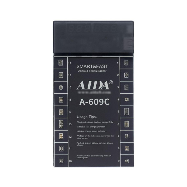 Плата активації та зарядки акумуляторів Aida A-609C з цифровим індикатором (18 роз'ємів для тел. на Android; кабелі Type-C/USB A)