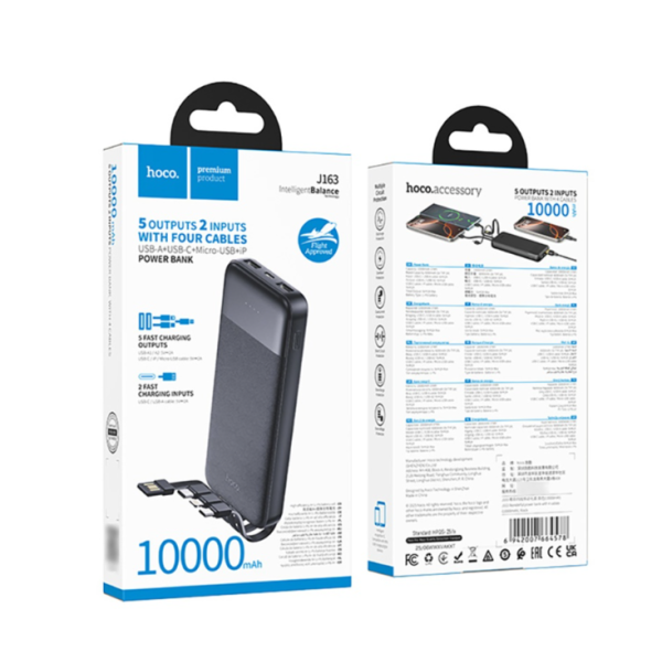 Павербанк Hoco J163 10000mAh + кабеля 4в1 USB-А| Lightning| Type-C| MicroUSB (Чорний)