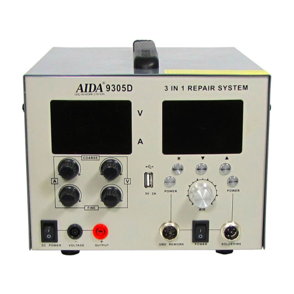 Паяльна станція AIDA 9305D (фен, паяльник, блок живлення 30V 4.5 A, USB 5V 2A A, цифрова індикація)