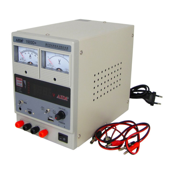 Блок живлення AIDA 1503D+ 15V 3A стрілкова і цифрова індикація, RF, вихід на 9V і 5V-USB, два режими 5V-15V