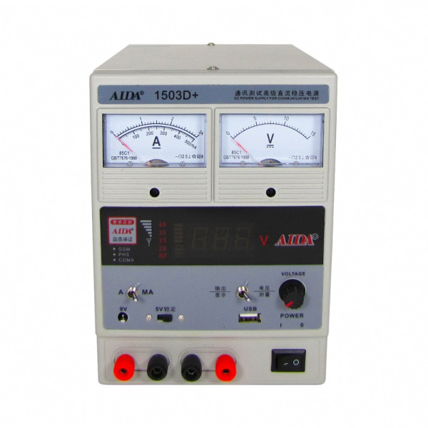 Блок живлення AIDA 1503D+ 15V 3A стрілкова і цифрова індикація, RF, вихід на 9V і 5V-USB, два режими 5V-15V