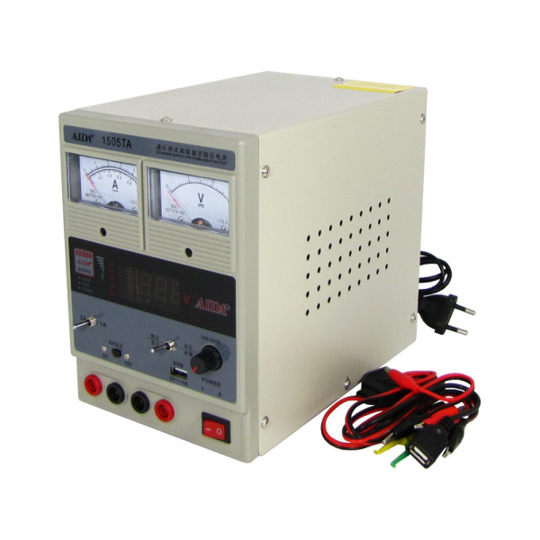 Блок живлення AIDA 1505TA, 15V, 5A, стрілкова і цифрова індикація, RF, вихід 5V-USB, два режими 5V-15V; 1A-5A